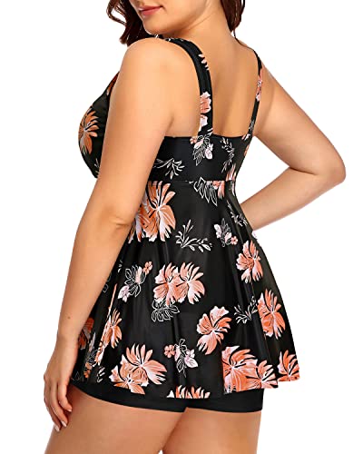 V Neck Tankini Top Full Coverage Boyshorts For Plus Size Women-Black Orange Floral