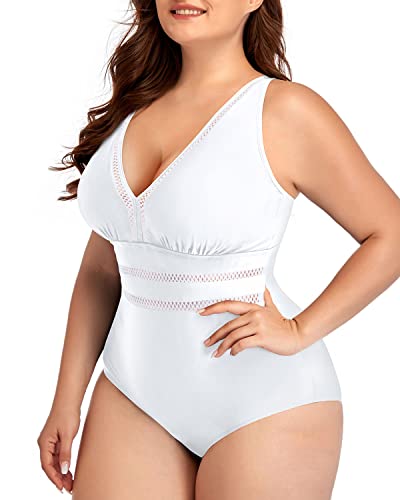 Sexy Backless Plus Size Swimsuit V-Neck For Curvy Women-White