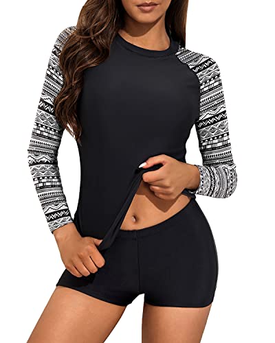 Protective Women's Rash Guard Swim Shirt Boyshort Bottom-Black And White Snake Print