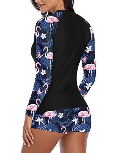 Comfortable Women's Boyshort Rashguard Swimsuit Set-Black Flamingo