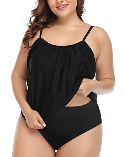 Casual Double Up Tankini Swimsuits Shorts Plus Size-Black