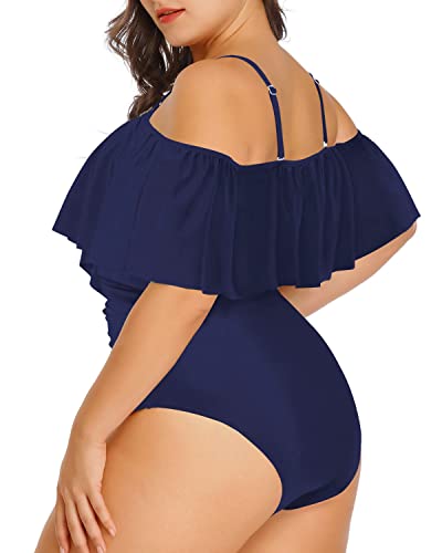 Chic Cross Lace Up Plus Size Ruffled Swimsuit-Navy Blue