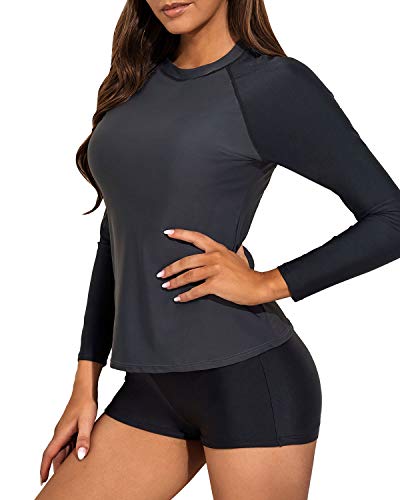 Upf 50+ Women's Swim Shirt Boyshorts-Grey And Black