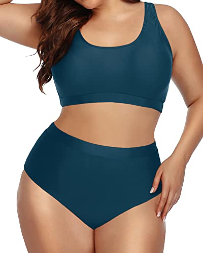 Comfortable High Quality Plus Size Bikini Set High Waisted Bottoms-Teal