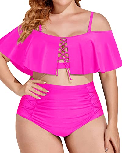 Sexy Tummy Control Plus Size High Waisted Bikini-Neon Pink