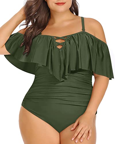 Halter Neck Tummy Control Plus Size One Piece Swimsuits-Army Green