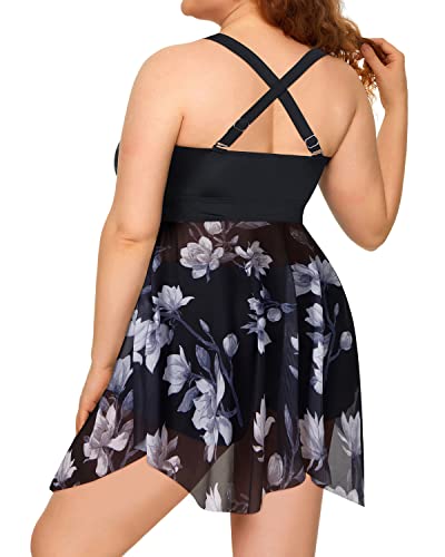 Long Torso Tankini Swimsuits Mesh Skirt And Boyshorts For Women-Black