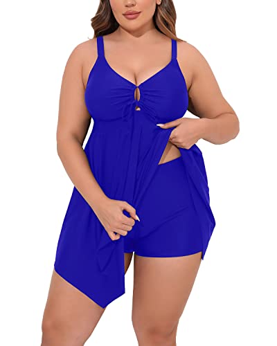 Plus Size Swim Dress Two Piece Flowy Tummy Control Swimsuits Boyshorts-Royal Blue