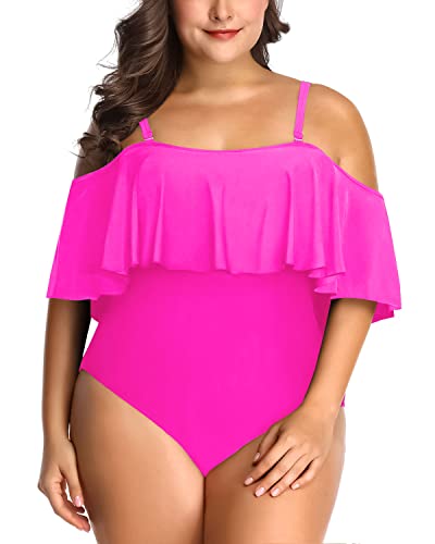 Cute Off Shoulder Flounce Swimwear For Women Plus Size One Piece-Neon Pink