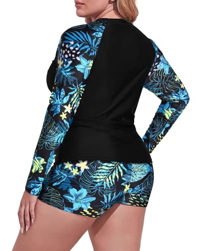 Two Piece Long Sleeve Rash Guard Swimwear For Plus Size Women-Blue Leaf