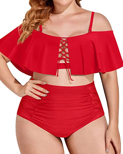 Flattering Tummy Control Two Piece Bathing Suit For Plus Size Women-Red