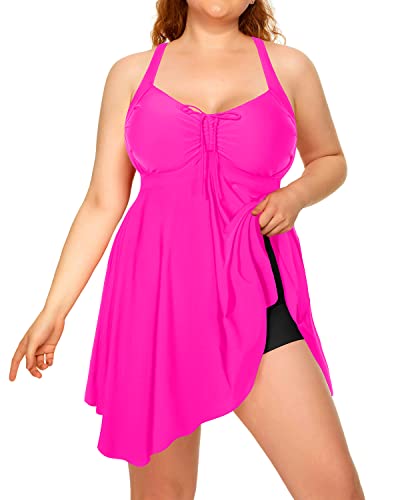 Flattering Ruched Plus Size Two Piece Swimdress Beach Cover Up Dresses-Neon Pink And Black