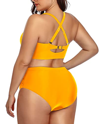 High Waisted Ruched Tummy Control Bikini For Plus Size Women-Yellow