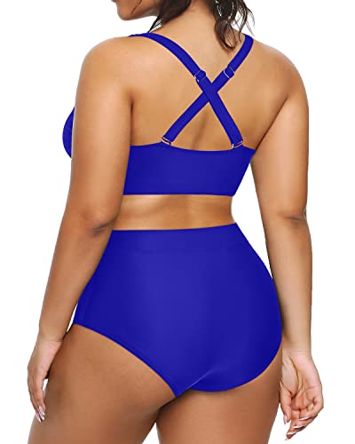 Comfortable Two-Piece Plus Size High Waisted Swimsuit-Royal Blue