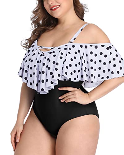 Ruffled Off-Shoulder Plus Size One Piece Swimsuits For Women-White Black Polka Dots