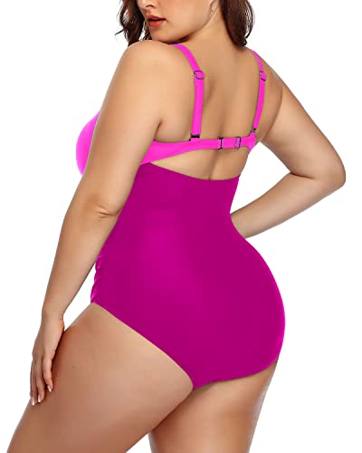 Modest High-Waisted Plus Size Monokini Swimsuits-Phosphor And Dark Pink