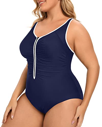 Ruched Tummy Control Plus Size One Piece Zipper Swimsuits-Navy Blue