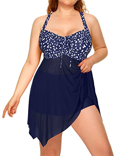 Flowy Hem Mesh Tankini Two Piece Swim Dress Long Torso Swimsuits-Blue Dot