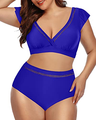 Plus Size Tummy Control Bikini Set Two Piece Swimsuits For Women-Royal Blue