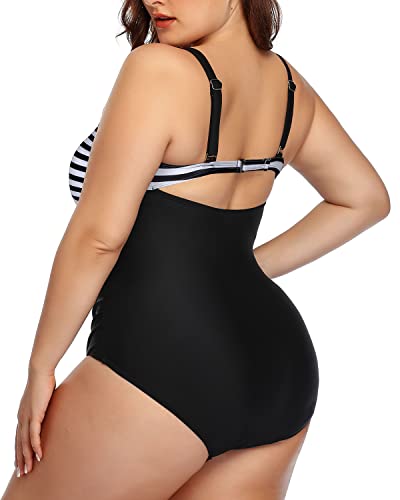 High Waisted Monokini Bathing Suit For Plus Size Women-Black And White Stripe