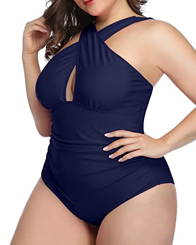 Stylish Front Cross Tummy Control One Piece Swimsuits-Navy Blue