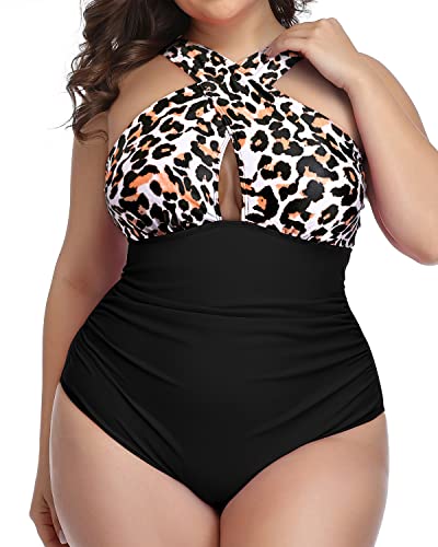 High Waisted Front Cross Swimsuit Slimming Effect-Black And Leopard