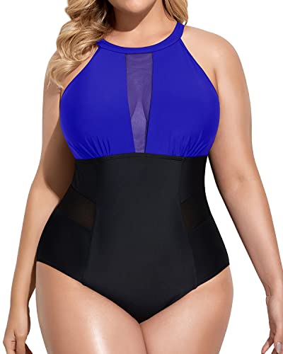 Sleek See-Through Mesh Monokini Plus Size Swimsuit-Royal Blue And Black