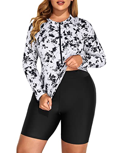 Wireless Padded Boyshorts Rash Guard Swimwear For Plus Size Women-Black And White Tie Dye