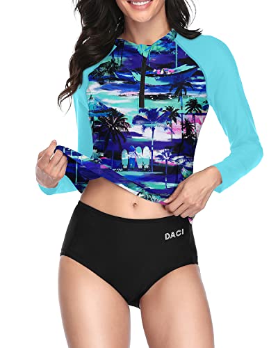 Uv Block Womens Rashguard Long Sleeve And Shorts-Blue Palm Tree