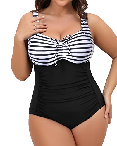 Plus Size Push Up One Piece Swimsuit Tummy Control-Black And White Stripe