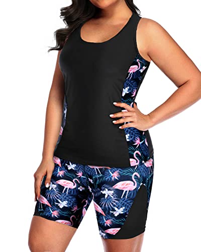 Racerback Tummy Control Two Piece Athletic Tankini For Plus Size Women-Black Flamingo