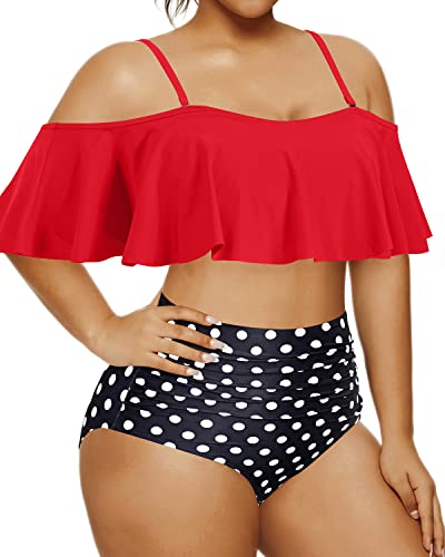 High Waisted Tummy Control Bikini Set For Women Plus Size Ruffle Swimsuits-Red Dot