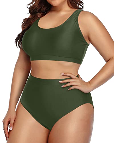 Modest Sporty Bikini Swimsuit Unique Shoulder Straps For Plus Size-Army Green