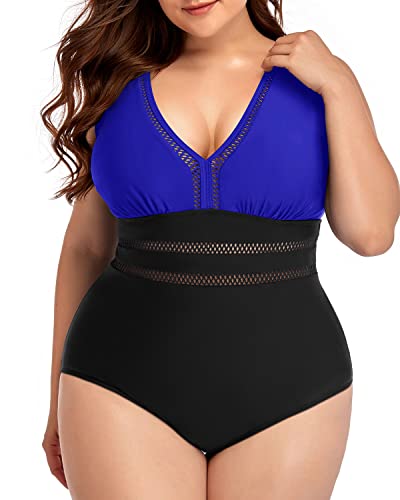 Cheeky Hollow Out Bathing Suits For Plus Size Women-Royal Blue And Black