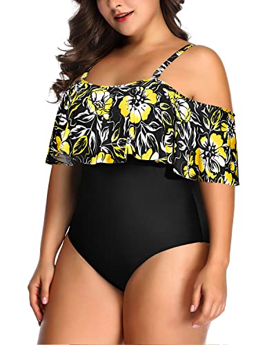 Removable Padded Bra Flounce Top One Piece Swimsuit-Black And Yellow Floral