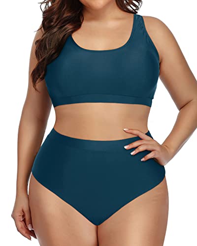 Comfortable High Quality Plus Size Bikini Set High Waisted Bottoms-Teal