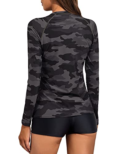 Women's Long Sleeve Two Piece Rash Guard And Boyshort Swimsuit Set-Black Camouflage