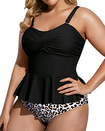 Strapless Twist Front Two Piece Tankini Set-Black And Leopard