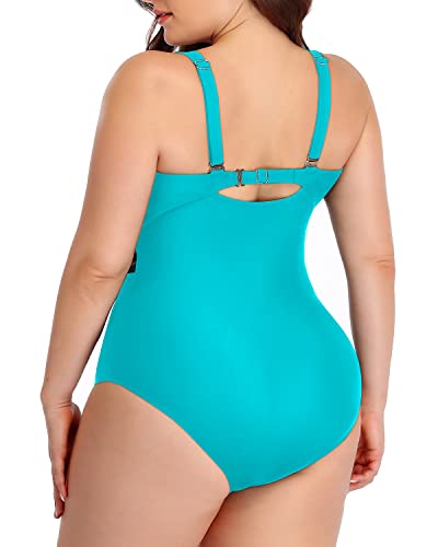 Fashionable Vintage High Neck One Piece Swimsuits Plus Size-Aqua