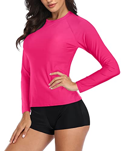 Long Sleeve Women's Rash Guard Boyshort Swimsuit Set-Neon Pink And Black