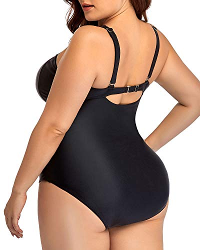 High Cut Vintage One Piece Swimsuits For Plus Size Women-Black