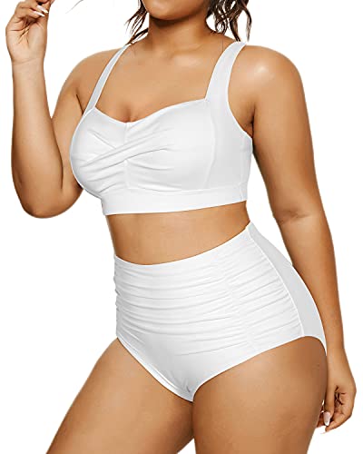 Plus Size High Waisted Bikini Adjustable Straps For Curvy Women-White