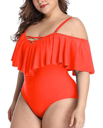 Elegant Flounce Off Shoulder One Piece Swimsuits-Neon Orange