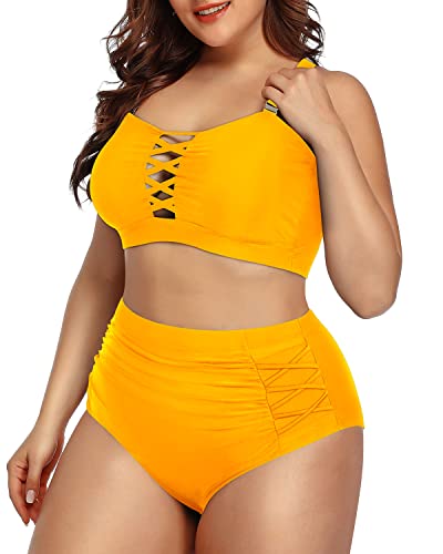 High Waisted Ruched Tummy Control Bikini For Plus Size Women-Yellow