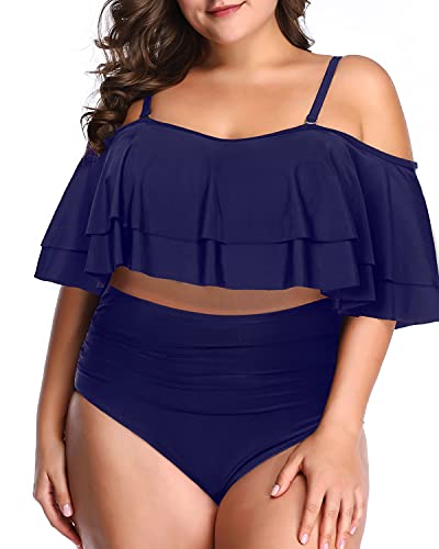 High Waisted Ruched Bottom Bikini For Plus Size 2 Piece Swimsuits-Navy Blue