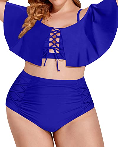 Classic Off Shoulder Plus Size Two Piece Swimwear-Royal Blue