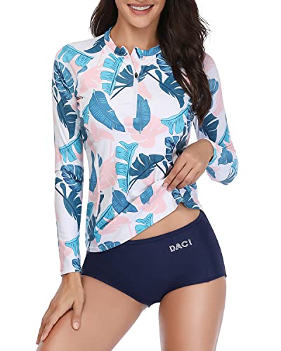 Full Coverage Two Piece Long Sleeve Rash Guard Suit For Women-Blue Pink Leaves