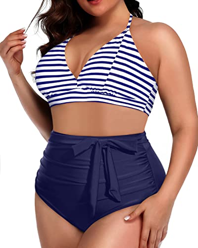 Two Piece Tummy Slimming Knotted High Waisted Plus Size Bikini Set-Blue White Stripe