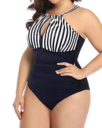 Chic High Neck Plunge Swimsuit Mesh Cutouts For Plus Size Women-Black And White Stripe