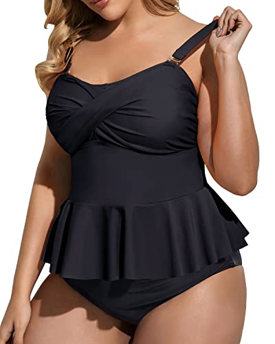 Full Coverage Ruched Two Piece Plus Size Swimsuit For Women-Black